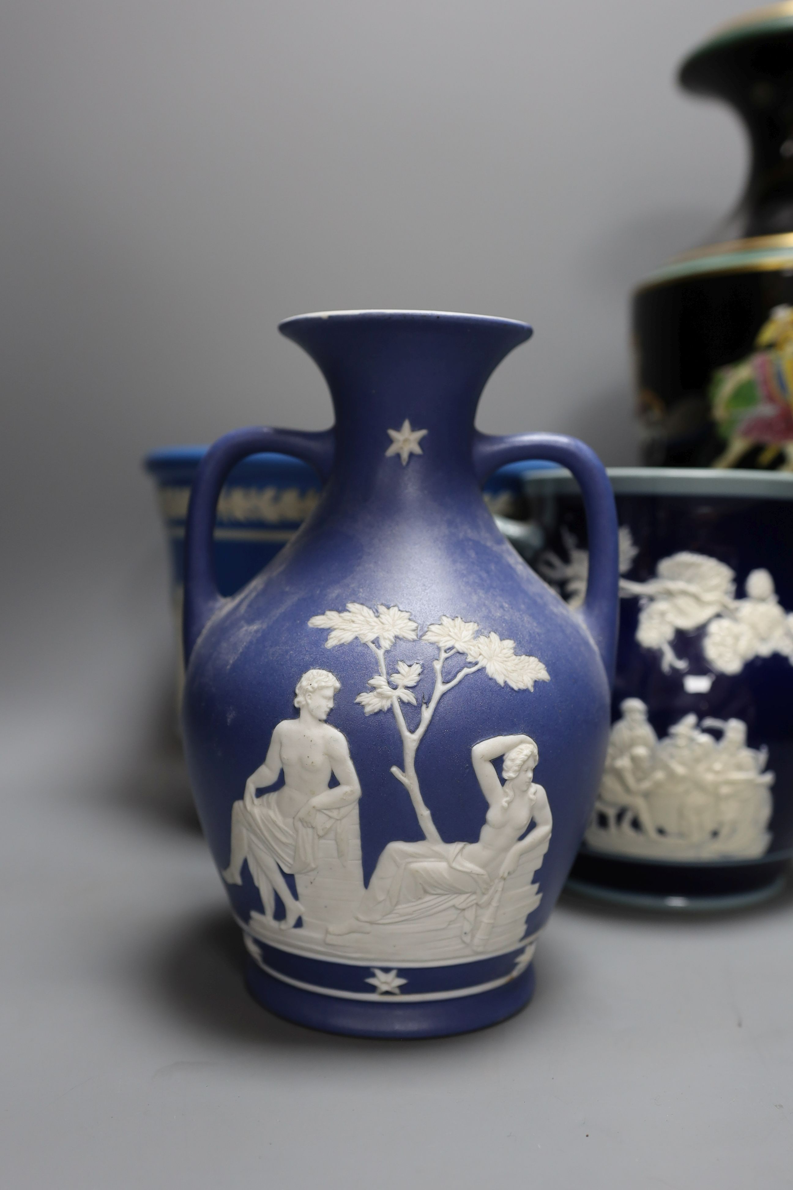 A jasper ware Portland style vase, together with a Jasperware jardiniere and vase, and a Spode jug - tallest 37.5cm (4)